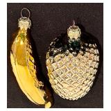 S - Set of 2 Glass Fruit Christmas Ornaments, 5 Inch Banana and Pinecone