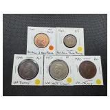 Five Older British Coins: 1940 UK Penney AU, 1945 UK Penney AU, 1981 Britain Two New Pence AU, 1960 Britain Three Pence XF, 1950 UK Half Crown XF
