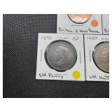 Five Older British Coins: 1940 UK Penney AU, 1945 UK Penney AU, 1981 Britain Two New Pence AU, 1960 Britain Three Pence XF, 1950 UK Half Crown XF