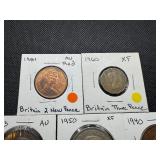 Five Older British Coins: 1940 UK Penney AU, 1945 UK Penney AU, 1981 Britain Two New Pence AU, 1960 Britain Three Pence XF, 1950 UK Half Crown XF