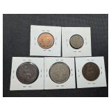 Five Older British Coins: 1940 UK Penney AU, 1945 UK Penney AU, 1981 Britain Two New Pence AU, 1960 Britain Three Pence XF, 1950 UK Half Crown XF