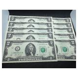 Ten Sequential Two Dollar Bills