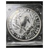 1991 AUSTRALIAN KOOKABURRA 1 TROY OZ .999 FINE SILVER IN CASE