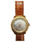 Vostok Gold-Tone Wristwatch with Brown Leather Band