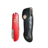 Red Multi-Tool Pocket Knife with Leather Sheath