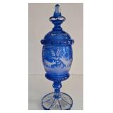LR - Vintage Bohemian Blue Cased Glass Apothecary Jar with Stag and Fox Motif
