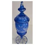 LR - Vintage Bohemian Blue Cased Glass Apothecary Jar with Stag and Fox Motif