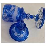 LR - Vintage Bohemian Blue Cased Glass Apothecary Jar with Stag and Fox Motif