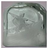 LR - Vintage Etched Glass Block / Paperweight with Whaling Scene
