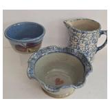 LR - Collection of 3 Handmade Pottery Pieces: Vintage Spongeware Pitcher, Scalloped Bowl, and Round Bowl