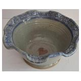 LR - Collection of 3 Handmade Pottery Pieces: Vintage Spongeware Pitcher, Scalloped Bowl, and Round Bowl