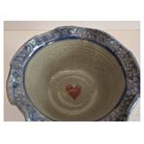 LR - Collection of 3 Handmade Pottery Pieces: Vintage Spongeware Pitcher, Scalloped Bowl, and Round Bowl