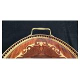 LR - Vintage Inlaid Wood Serving Tray with Floral Design and Brass Handles
