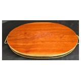 LR - Vintage Inlaid Wood Serving Tray with Floral Design and Brass Handles