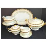LR - Vintage Meito China Serving Set Made in Japan - Platter, Casserole, Gravy Dish, Creamer, Sugar Bowl