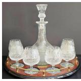 LR - Vintage Edinburgh Scotland Crystal Decanter with Stopper, 6 Glasses and Half Round Wooden Tray