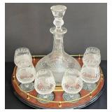 LR - Vintage Edinburgh Scotland Crystal Decanter with Stopper, 6 Glasses and Half Round Wooden Tray