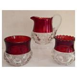 LR - Antique Kings Crown Ruby Flash Thumbprint Glass Creamer, Sugar Bowl, and Cranberry Candy Dish Set