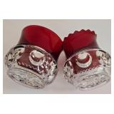 LR - Antique Kings Crown Ruby Flash Thumbprint Glass Creamer, Sugar Bowl, and Cranberry Candy Dish Set