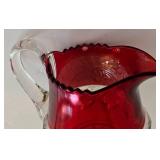 LR - Antique Kings Crown Ruby Flash Thumbprint Glass Creamer, Sugar Bowl, and Cranberry Candy Dish Set