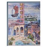 LR - Framed Asian Market and Harbor Artwork, Signed