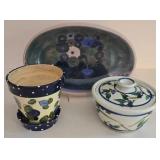 LR - Set of 3 Hand-Painted Ceramic Kitchen Items with Blue Floral Motif