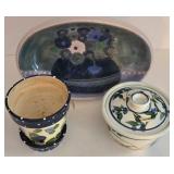 LR - Set of 3 Hand-Painted Ceramic Kitchen Items with Blue Floral Motif