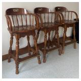LL  - Set of 3 Wooden Vintage Barstools with Spindle Backs and Brass Footrests