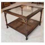 MB - Vintage Glass Top Coffee Table with Caned Shelf