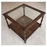 MB - Vintage Glass Top Coffee Table with Caned Shelf