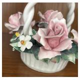 MB - Vintage Capodimonte Porcelain Flower Basket with Pink Roses