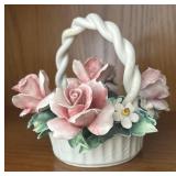MB - Vintage Capodimonte Porcelain Flower Basket with Pink Roses