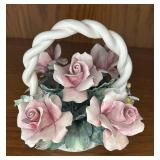 MB - Vintage Capodimonte Porcelain Flower Basket with Pink Roses