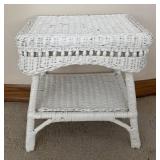 LL  - Vintage White Wicker Side Table with Lower Shelf