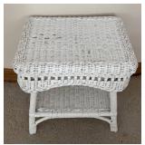 LL  - Vintage White Wicker Side Table with Lower Shelf