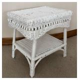 LL  - Vintage White Wicker Side Table with Lower Shelf