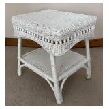 LL  - Vintage White Wicker Side Table with Lower Shelf