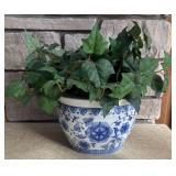 LL  - Blue and White Planter Pot with Artificial Ivy Greenery