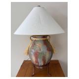 LL  - Handcrafted Pottery Table Lamp with Woven Accents and Iron Stand