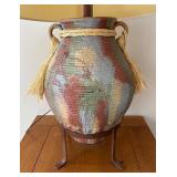 LL  - Handcrafted Pottery Table Lamp with Woven Accents and Iron Stand