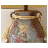 LL  - Handcrafted Pottery Table Lamp with Woven Accents and Iron Stand