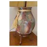 LL  - Handcrafted Pottery Table Lamp with Woven Accents and Iron Stand