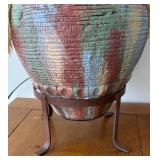 LL  - Handcrafted Pottery Table Lamp with Woven Accents and Iron Stand