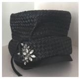 LL  - Vintage Darcel Exclusive Black Woven Hat with Rhinestone Brooch