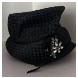 LL  - Vintage Darcel Exclusive Black Woven Hat with Rhinestone Brooch