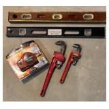 TR - Hand Tool Set: 2 Pipe Wrenches, 2 Levels and New Black & Decker 25ft Powered Tape Measure