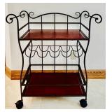 K - Metal and Wood Rolling Bar Cart with Wine Rack