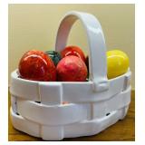 LR - Decorative White Ceramic Basket with 13 Assorted Marble Stone Eggs