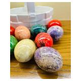 LR - Decorative White Ceramic Basket with 13 Assorted Marble Stone Eggs