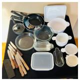 P - Collection of Pots, Pans, Knives, and Glass Bakeware Kitchenware Set